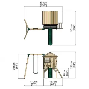 Rebo Orchard 4ft x 4ft Wooden Playhouse with Swings, 900mm Deck and 6ft Slide - Solar Green