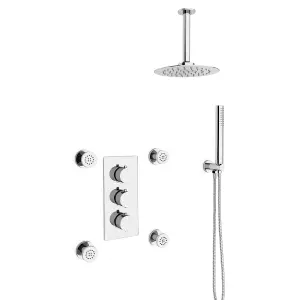 Flora Round 3 Way Concealed Thermostatic Shower Mixer Valve, Shower Head, Arm, Handset, Body Jets Set Chrome