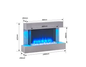 FLAMME Kingston Wall Mounted Fireplace up to 60" with 3 Flame Colours and 13 Mood Lighting Options (39" CEMENT GREY)