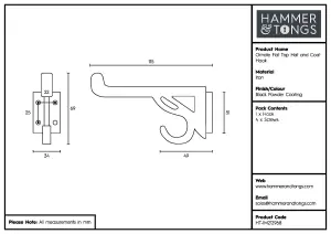 Hammer & Tongs - Ornate Flat Top Hat & Coat Hook - W35mm x H70mm - Black