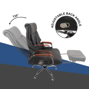 Alivio Executive Office Chair, 360 Degree Swivel Professional Chair with Foot Rest, Wooden Arm Rest, Adjustable Support - Black