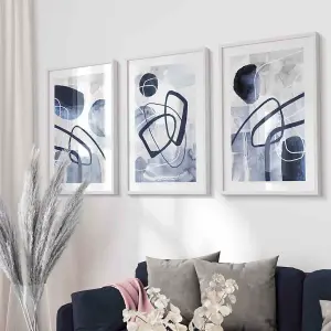 Abstract Navy Blue Shapes Set of 3 Prints Wall Art / 42x59cm (A2) / Silver Frame