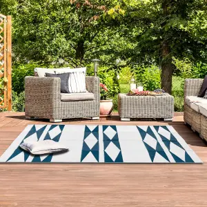 Extra Large Garden Outdoor Rug For Patio, Royal Blue & White Diamond Waterproof Garden Rug 180 x 270cm