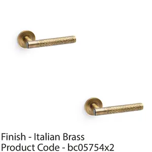 2 PACK - SOLID BRASS Hammered Door Handle Set - Italian Brass Straight Lever Round Rose