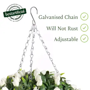 Pair of Best Artificial 38cm White Lush Tulip Hanging Basket Flower Topiary Ball - Weather & Fade Resistant