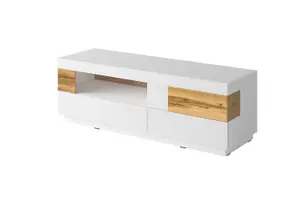 Silke 41 TV Cabinet 160cm - Stylish White Gloss & Wotan Oak, Perfect for Organising Your Entertainment Space