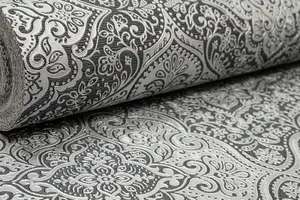 Arthouse Charcoal Black Silver Grey Damask Wallpaper Shimmer Metallic Vinyl