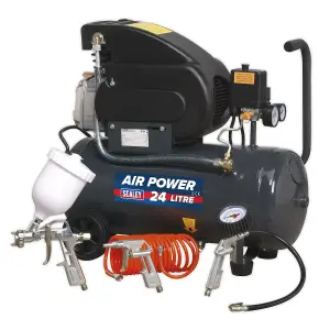 Sealey Air Compressor 24L Direct Drive 2hp with 4pc Air Accessory Kit SAC2420EPK