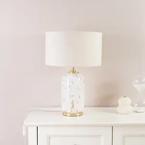 ValueLights India Gold Metal and White Confetti Glass Table Lamp with Natural Drum Lampshade - LED Bulb Included