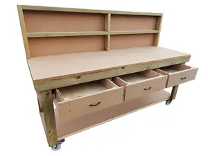 Wooden MDF top workbench, tool cabinet with drawers (V.1) (H-90cm, D-70cm, L-240cm) with back and wheels