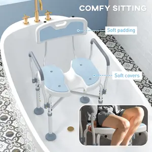 HOMCOM Padded Bath Chair with Slotted Seat and Adjustable Height, Light Blue