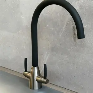 Liquida LB01GM Swan Neck Twin Lever Brushed Steel & Gun Metal Kitchen Mixer Tap