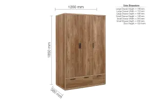 Birlea Stockwell 3 Door 2 Drawer Wardrobe Rustic Oak