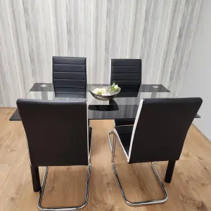 Dining Table Set of 4 Black Clear Table and Faux Leather Padded Chrome Black White Kitchen Chairs Dining Sets