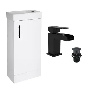 400 Gloss White Cloakroom Vanity Basin Sink Unit with Matt Black Waterfall Tap & Black Handle