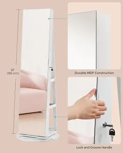 SONGMICS Frameless Full-Length Mirror Jewellery Cabinet, Swivel Organiser with LEDs, Free-Standing, White Surface, Greige Lining