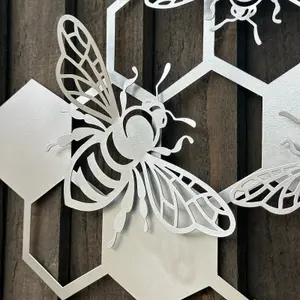 Large Bee Honeycomb Wall Art silver metal home or garden decoration