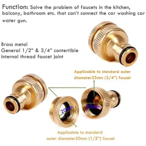 4 Pieces Garden Hose Tap Connector, Solid Brass 1/2" - 3/4" Tap Adapter and 1/2" Hose Pipe Quick Connector