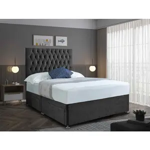 Jemma Divan Bed Set with Headboard and Mattress - Chenille Fabric, Charcoal Color, 2 Drawers Left Side