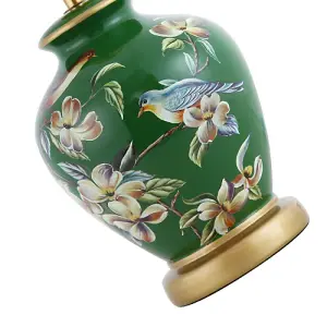 Deep Forest Green Ceramic Gloss Table Lamp Base with Birds and Floral Decoration