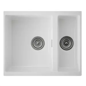 Austen & Co. Florence Inset & Undermount 1.5 Bowl Reversible Granite Kitchen Sink With Strainer & Over Flow Kit - White