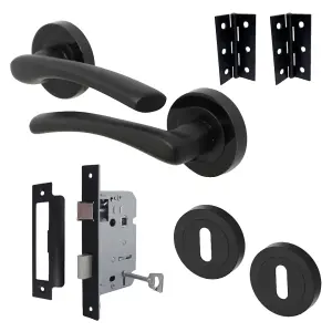 Zena Door Handle Lock Key Set Modern Matt Black Lever on Nickel Rose Internal Escutcheon