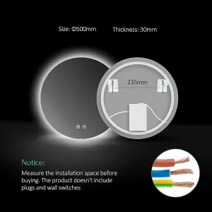 EMKE Round Bathroom Mirror with Led Lights, 500mm Wall Mounted Vanity Mirror with Touch, Demister and Memory Dimmable