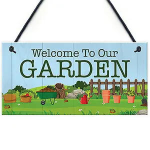 Red Ocean Welcome To Our Garden Sign Hanging Wall Door Shed Sign Gift For Him Her Home Decor Garden Plaques