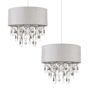 First Choice Lighting Pair of Large 40cm Easy Fit Shades in Grey with Acrylic Droplets