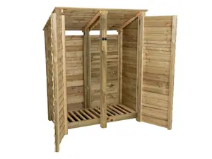 Wooden log store (roof sloping back) with door W-146cm, H-180cm, D-88cm - natural (light green) finish