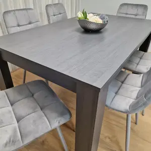 Dining Table and 6 Chairs  Black Dark Grey 6 Grey Velvet Chairs Wood Dining Set Furniture