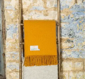 100% Pure New Wool Wafer Throw Blanket Made in Wales Yellow