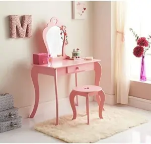 Abaseen Pink Children Amelia Vanity Set Dressing Table with Mirror & Stool, Girls Makeup Table Chair for Children's Bedroom