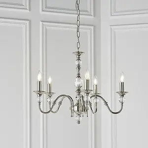 Luminosa Polina 5 Light Multi Arm Ceiling Pendant Chandelier Polished Nickel, Clear Crystal, E14