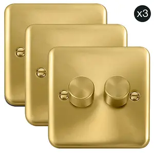 3 PACK - Curved Satin / Brushed Brass 2 Gang 2 Way LED 100W Trailing Edge Dimmer Light Switch - SE Home