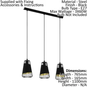 Hanging Ceiling Pendant Light Black & Gold 3 x 60W E27 Kitchen Island Lamp