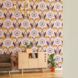 AS Creation 70's Retro Floral Chic Purple Wallpaper Textured Paste The Wall