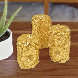 3 x Carved Gold Floral Real Wax LED Pillar Candles - Battery Powered Flickering Light Home Decoration - 1 of Each 10, 12 & 15cm