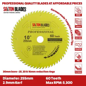 Saxton TCT255MXAPRO Professional Range TCT Circular Blade 255mm x 60 and 100 Teeth x 30mm Bore, 16, 20, 25mm Reduction Ring