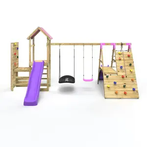 Rebo Wooden Climbing Frame with Vertical Rock Wall, Swing Set and Slide - San Luis+ Pink