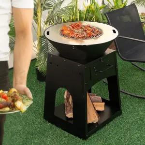 Costway 2 In 1 Fire Pit with BBQ Grill 60cm Metal Firewood Stove w/ Fire Poker