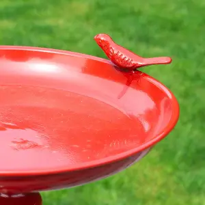 Red Miniature Bird Bath - Weather Resistant Metal Colourful Outdoor Garden Wild Bird Water Bowl Station - H37x W21 x D23cm