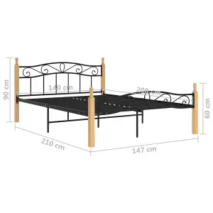 Berkfield Bed Frame Black Metal and Solid Oak Wood 140x200 cm