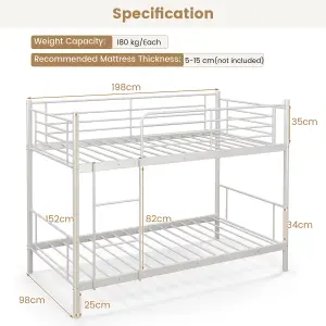 Costway 3FT Metal Bunk Bed Single over Single Loft Bed Frame W/ Ladder Safety Guardrail White