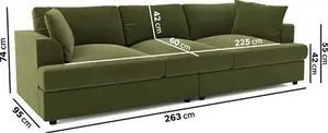 Large Olive Green Velvet 4 Seater Sofa - August