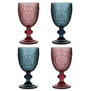 Set of 4 Vintage Luxury Blue & Pink Drinking Wine Glass Wine Goblets 310ml