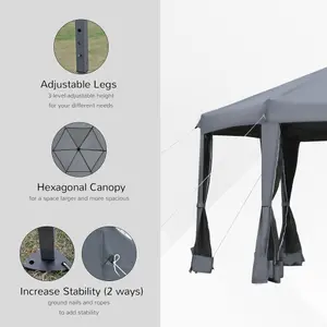 Outsunny 3.2m Pop Up Gazebo Hexagonal Canopy Tent Outdoor w/ Bag Grey