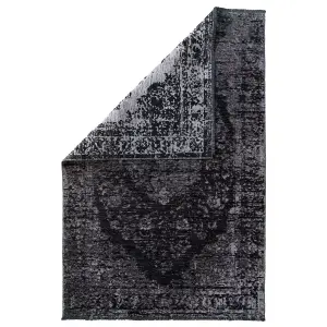 Black Grey Distressed Traditional Medallion Reversible Chenille Area Rug 115x170cm