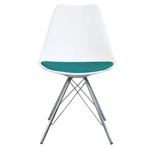 Soho White and Teal Plastic Dining Chair with Chrome Metal Legs