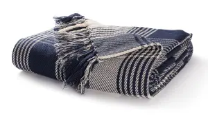 EHC Premium  Reversible 100% Cotton Large 225 x 250 cm Tartan Throws for Sofa, Bedspread, Navy Blue